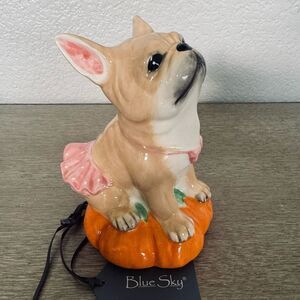 Blue Sky Frenchie Dog Pink TuTu Halloween Pumpkin Figurine Decor